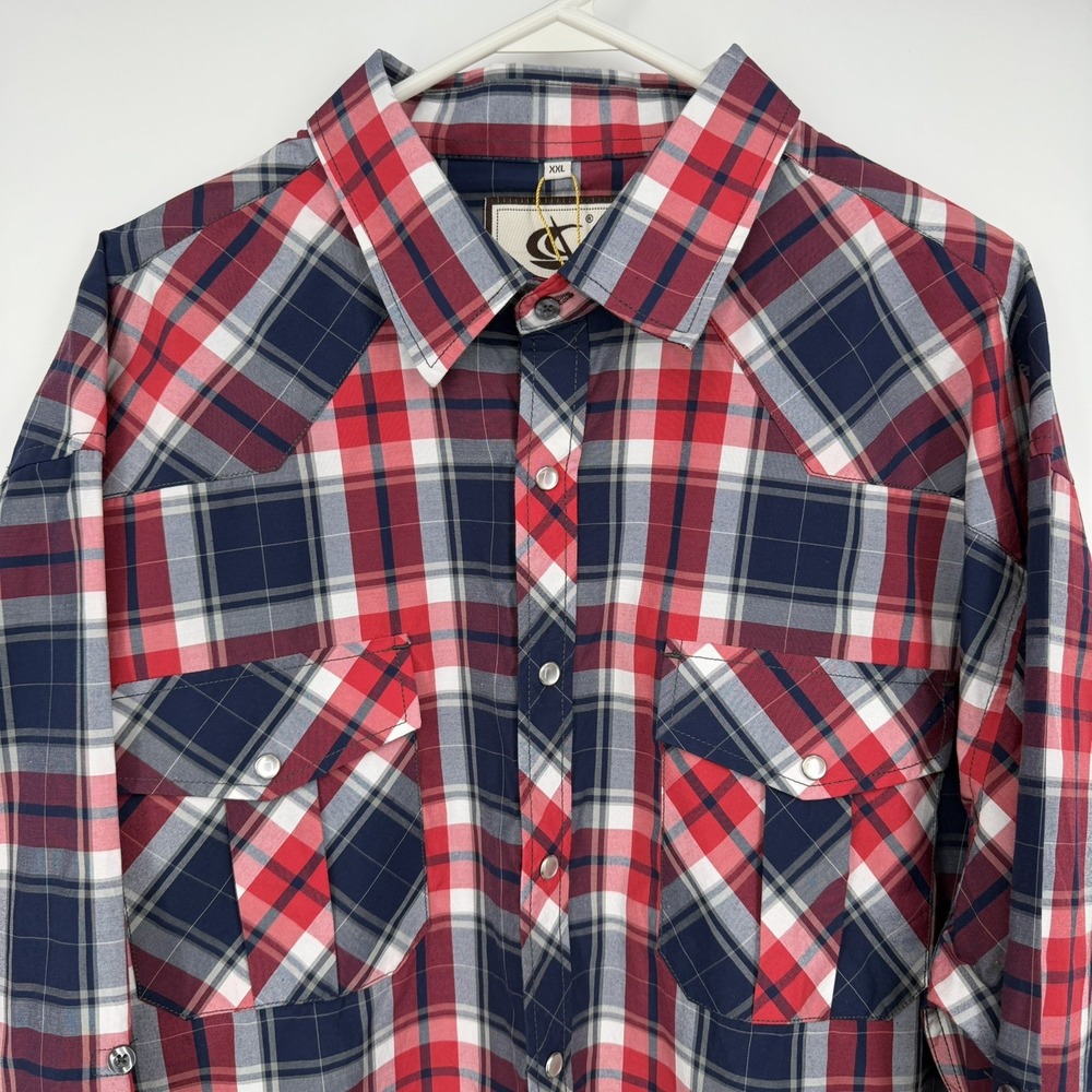 Coevals Club Western Snap Shirt Mens XXL Red Navy Blue Plaid Pearl Snap Yoke